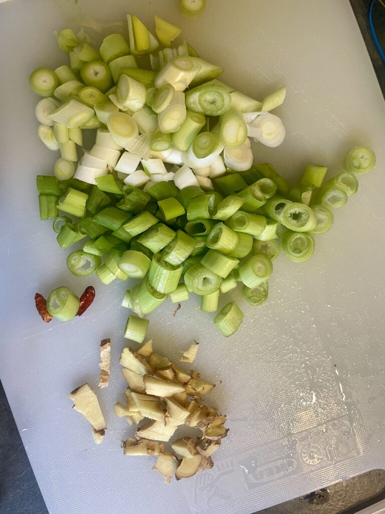 Prepping Perfection: Freshly Chopped Spring Onions and Ginger Ready for the Wok