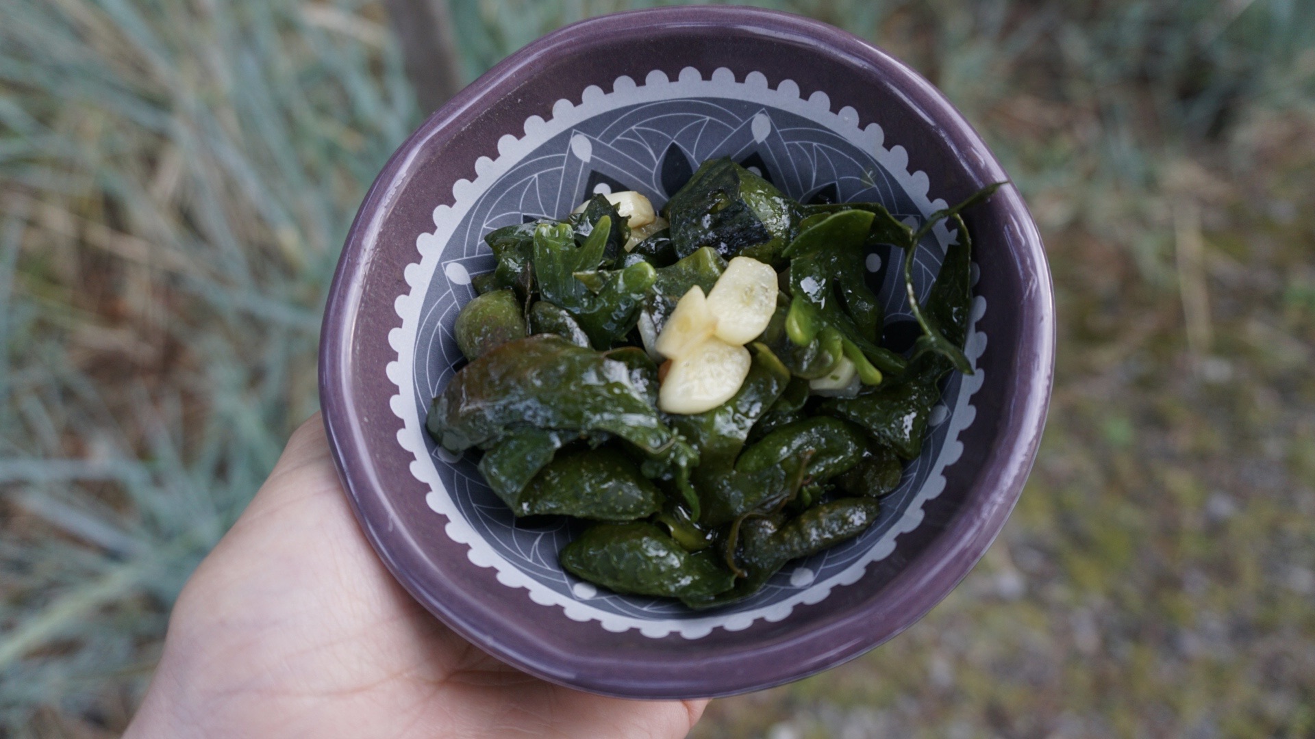 Sautéed bladderwrack algae with garlic, prepared as a topping for pasta. The algae is infused with aromatic garlic, adding texture and flavor to the dish.